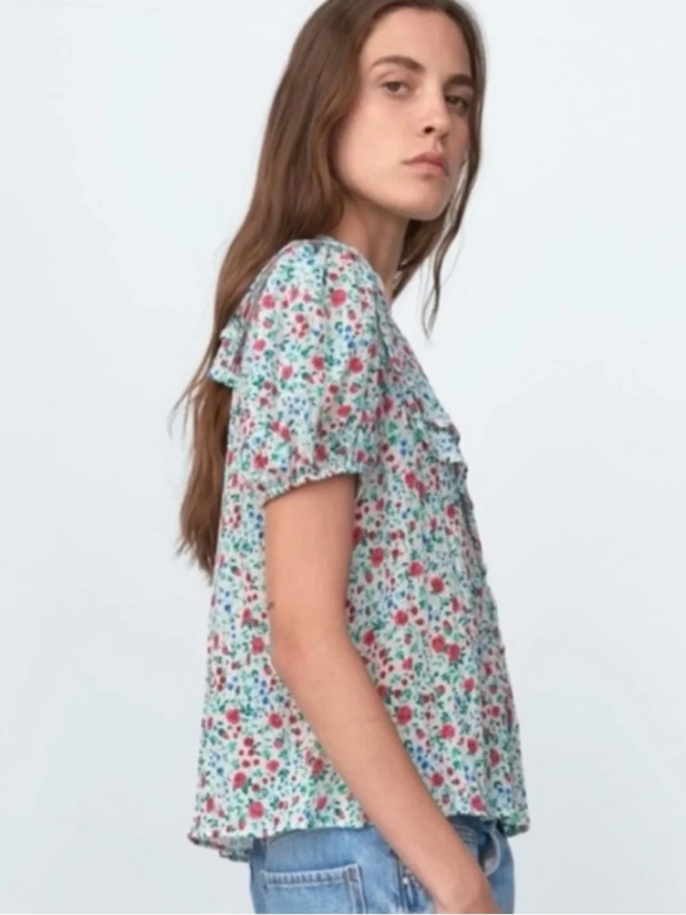 Zara White Floral Print Multi Color Crinkle V-Neck Puff Short Sleeve Top Blouse